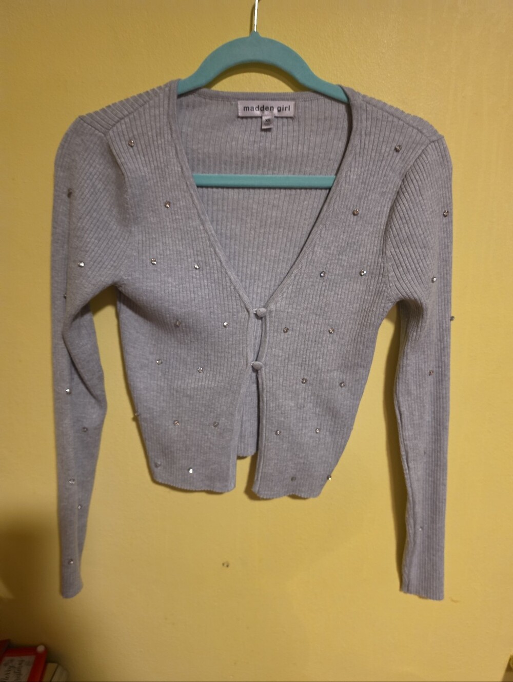 Madden Girl Juniors XS Gray Cardigan Rhinestone Embellished Ribbed Knit Sweater